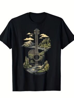 Black Scenic Guitar Graphic Short Sleeve T-Shirt